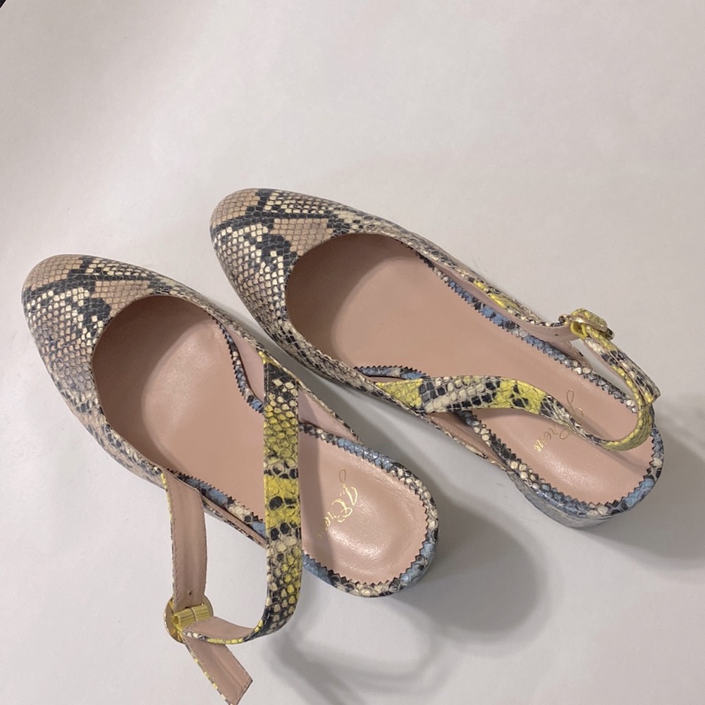 jcrew leather sling back almond toe sz 8.5 worn 4 times multi snake print